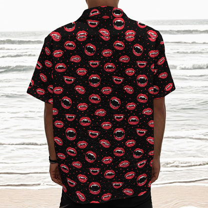 Red Halloween Vampire Lips Pattern Print Textured Short Sleeve Shirt