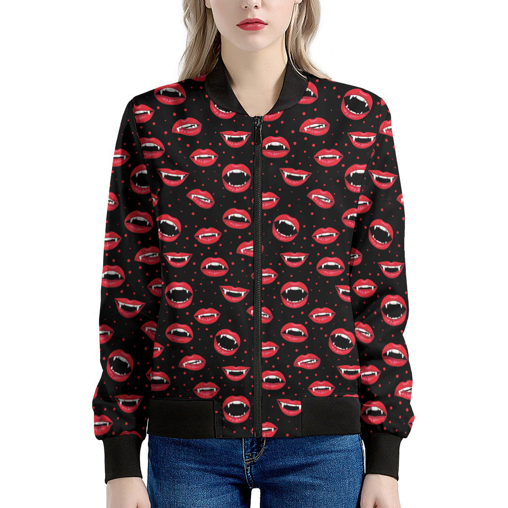 Red Halloween Vampire Lips Pattern Print Women's Bomber Jacket