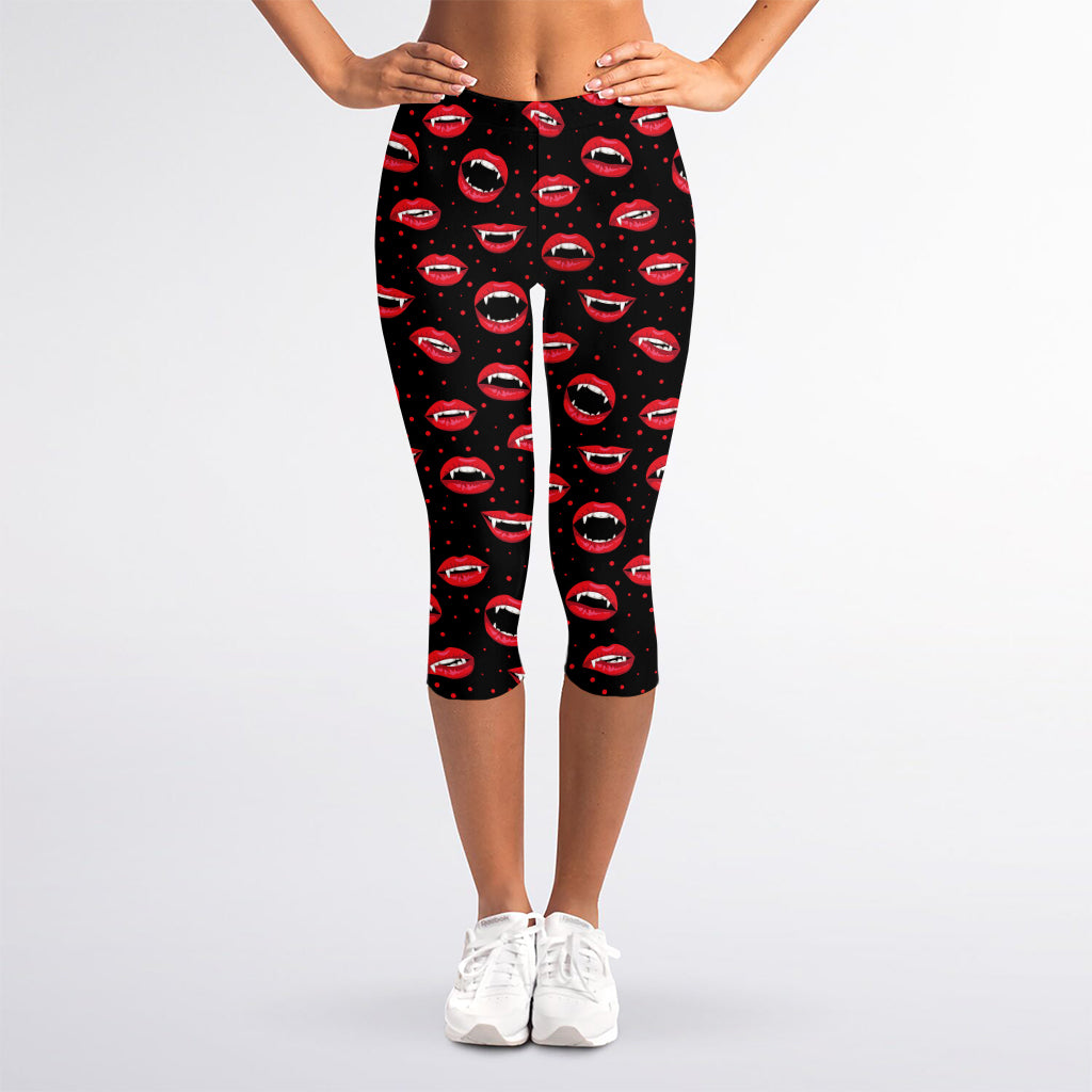 Red Halloween Vampire Lips Pattern Print Women's Capri Leggings