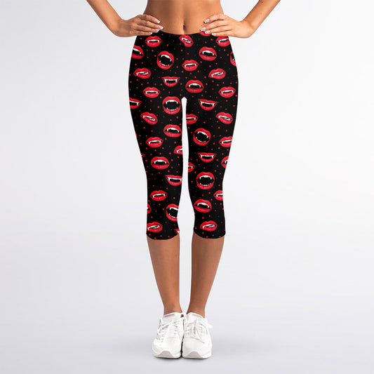 Red Halloween Vampire Lips Pattern Print Women's Capri Leggings