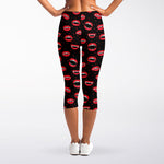 Red Halloween Vampire Lips Pattern Print Women's Capri Leggings