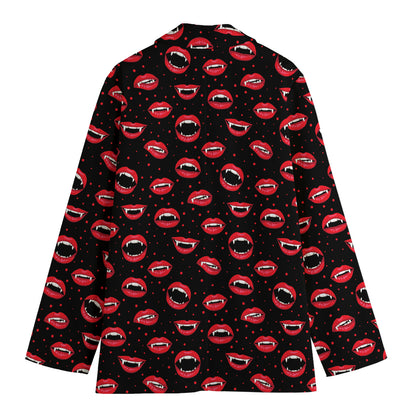 Red Halloween Vampire Lips Pattern Print Women's Cotton Blazer