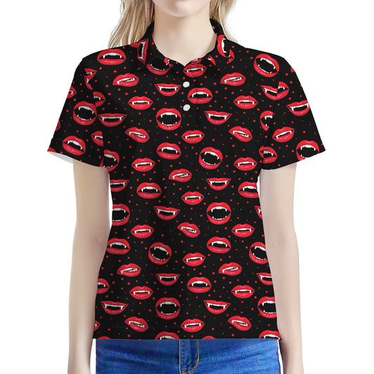 Red Halloween Vampire Lips Pattern Print Women's Polo Shirt