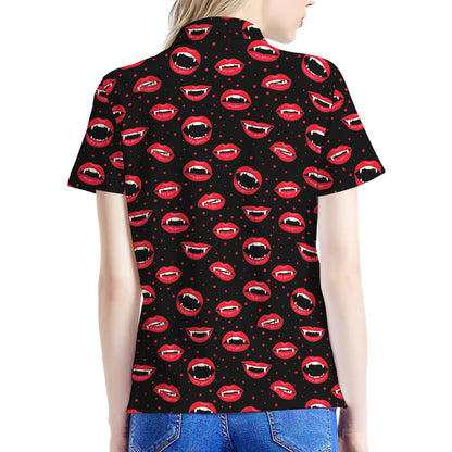 Red Halloween Vampire Lips Pattern Print Women's Polo Shirt