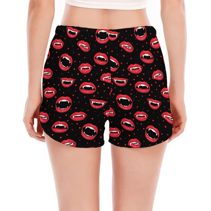 Red Halloween Vampire Lips Pattern Print Women's Split Running Shorts