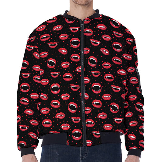 Red Halloween Vampire Lips Pattern Print Zip Sleeve Bomber Jacket