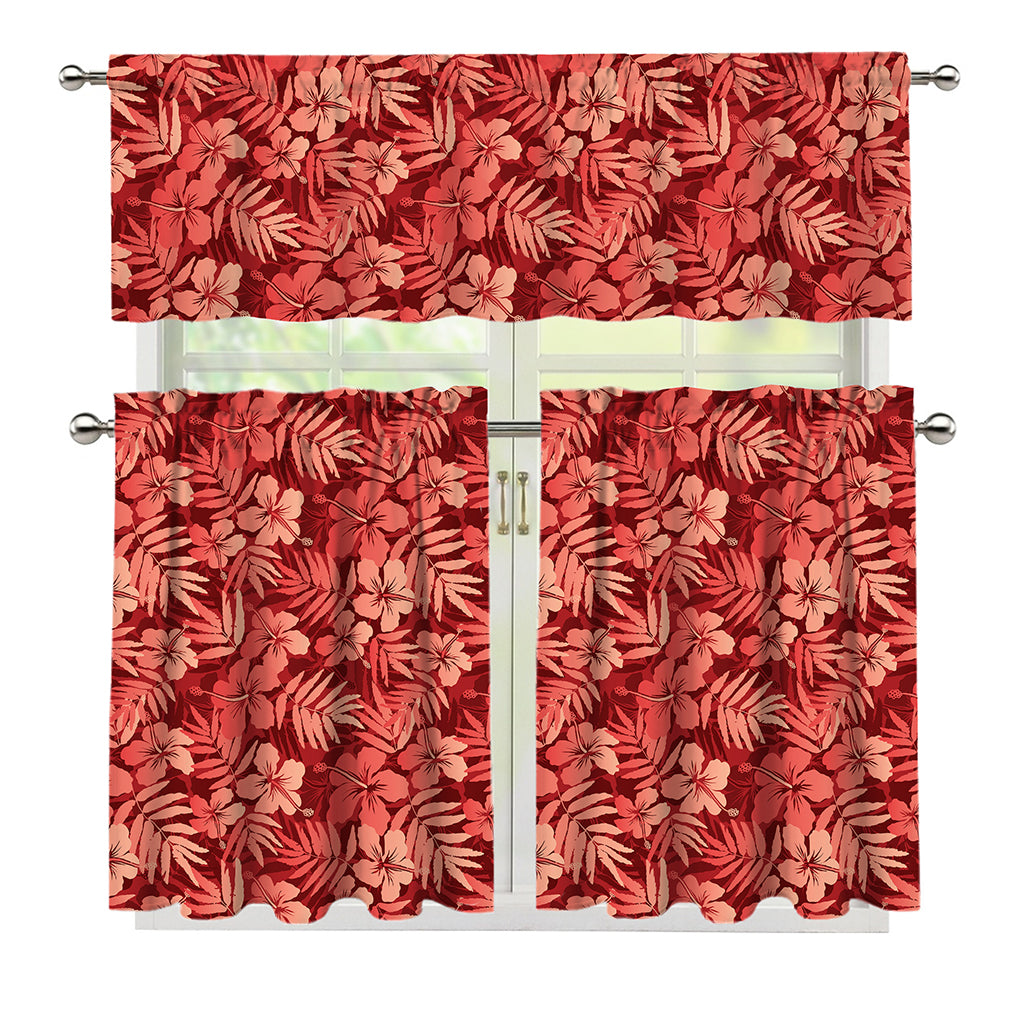 Red Hawaiian Tropical Pattern Print 3 Piece Kitchen Curtains