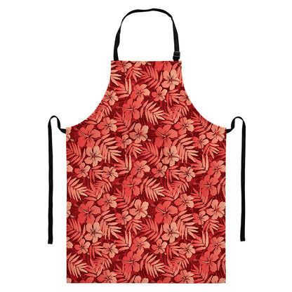 Red Hawaiian Tropical Pattern Print Bib Apron With Pocket