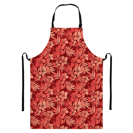 Red Hawaiian Tropical Pattern Print Bib Apron With Pocket