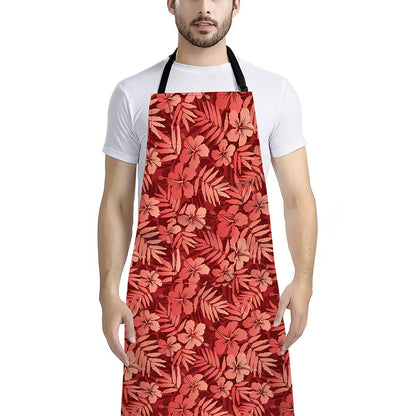Red Hawaiian Tropical Pattern Print Bib Apron With Pocket
