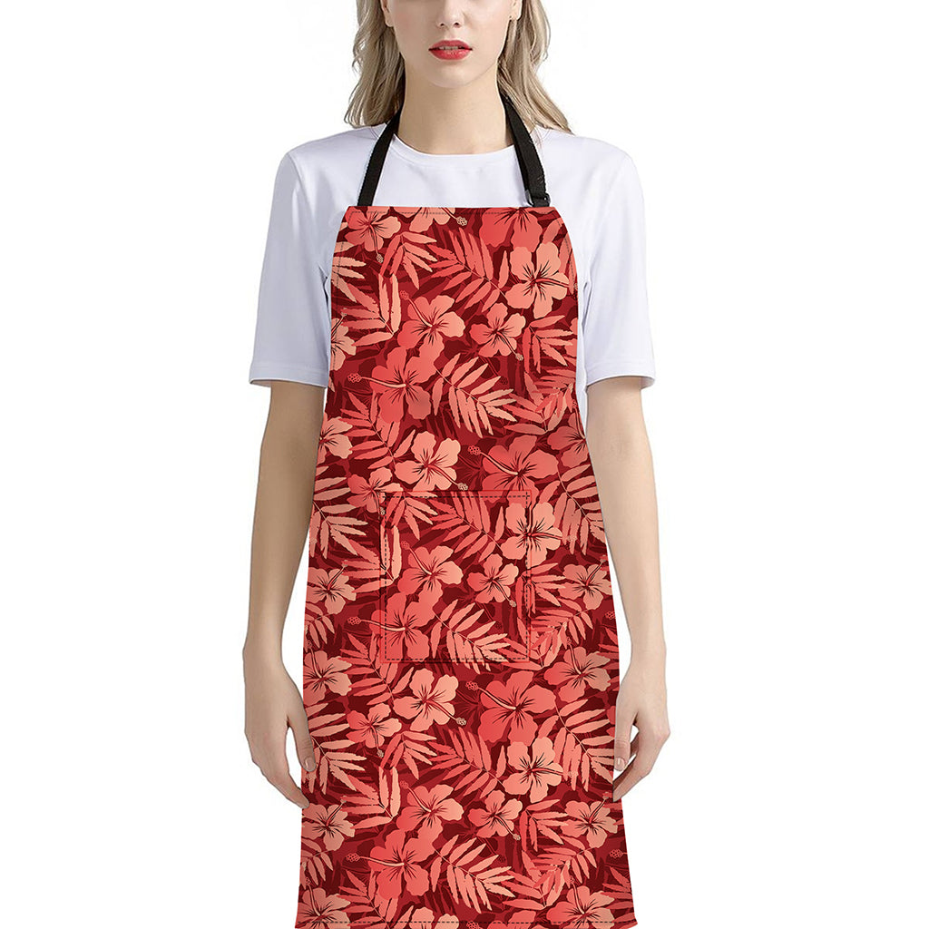 Red Hawaiian Tropical Pattern Print Bib Apron With Pocket