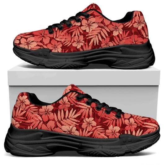 Red Hawaiian Tropical Pattern Print Black Chunky Shoes