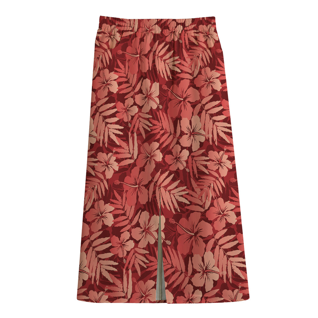 Red Hawaiian Tropical Pattern Print Cotton Front Slit Maxi Skirt
