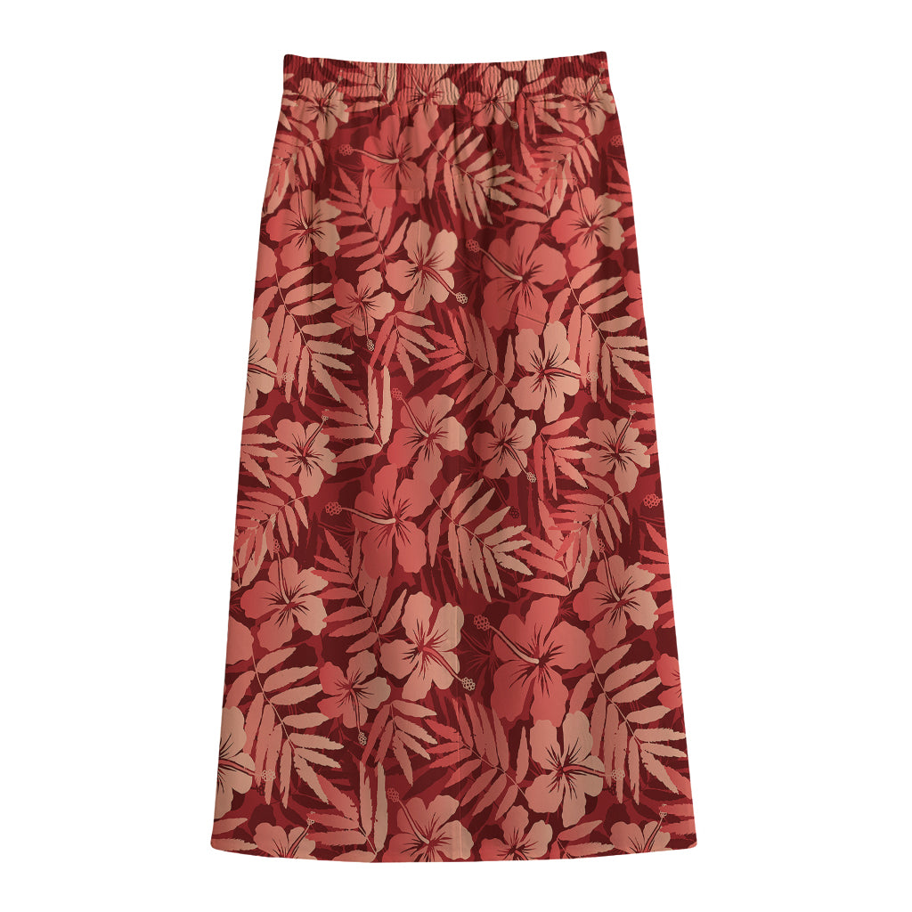 Red Hawaiian Tropical Pattern Print Cotton Front Slit Maxi Skirt