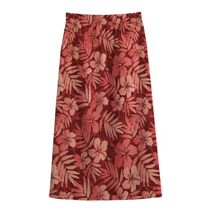 Red Hawaiian Tropical Pattern Print Cotton Front Slit Maxi Skirt