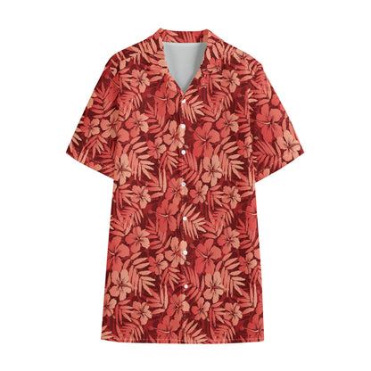 Red Hawaiian Tropical Pattern Print Cotton Hawaiian Shirt