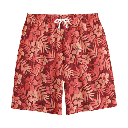 Red Hawaiian Tropical Pattern Print Cotton Shorts