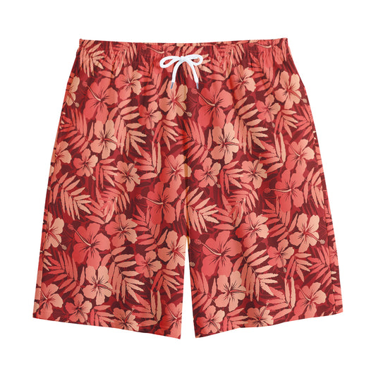 Red Hawaiian Tropical Pattern Print Cotton Shorts
