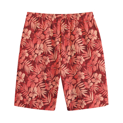 Red Hawaiian Tropical Pattern Print Cotton Shorts