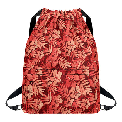 Red Hawaiian Tropical Pattern Print Drawstring Backpack