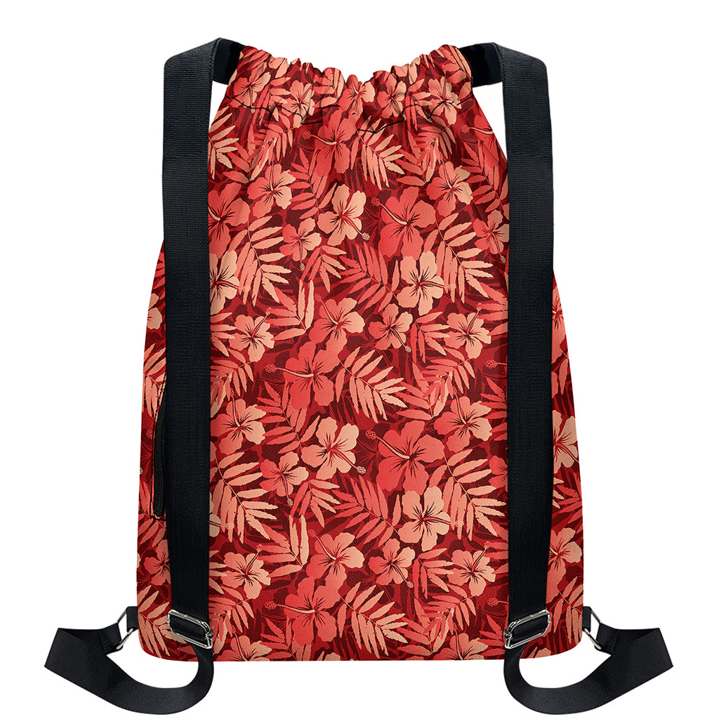 Red Hawaiian Tropical Pattern Print Drawstring Backpack