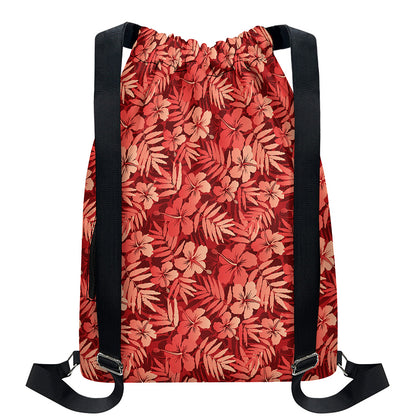 Red Hawaiian Tropical Pattern Print Drawstring Backpack