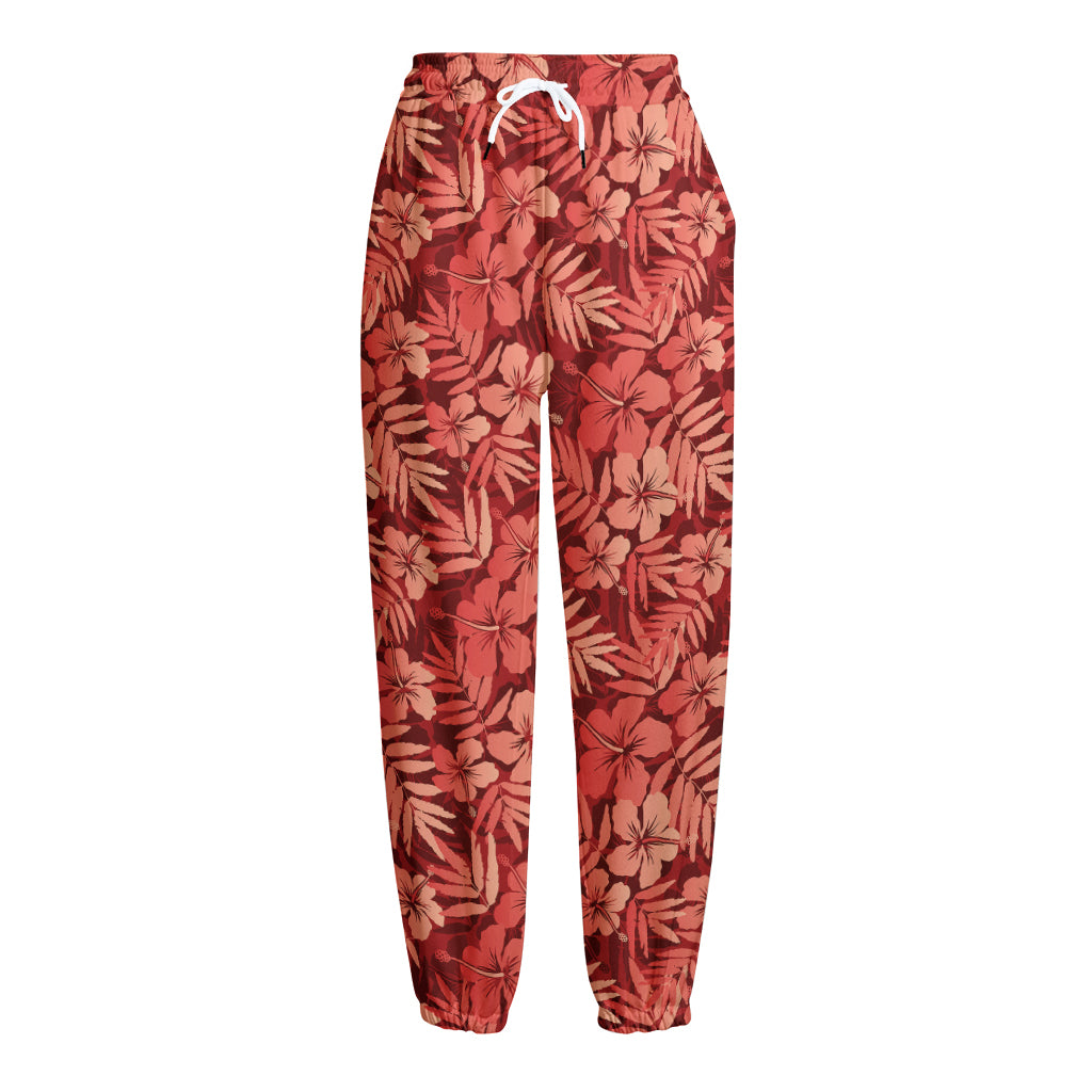 Red Hawaiian Tropical Pattern Print Fleece Lined Knit Pants