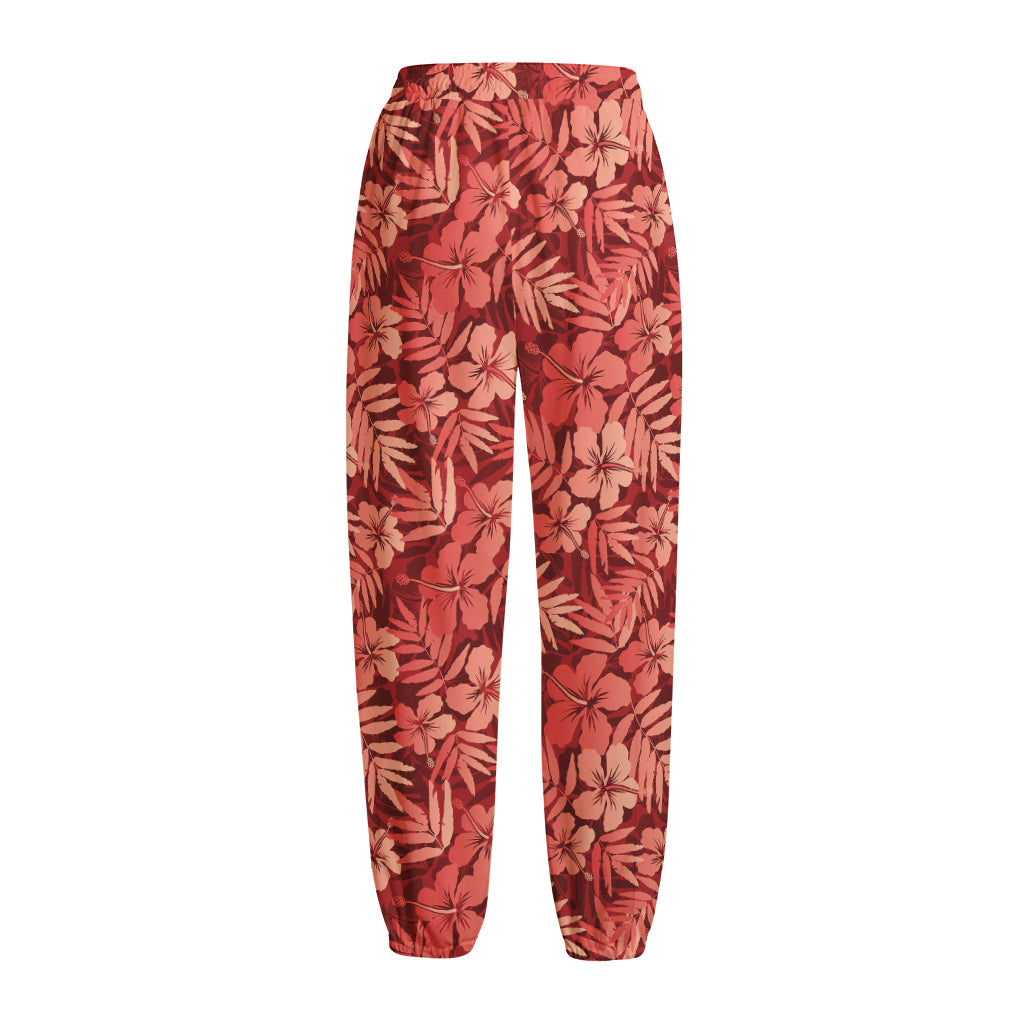 Red Hawaiian Tropical Pattern Print Fleece Lined Knit Pants