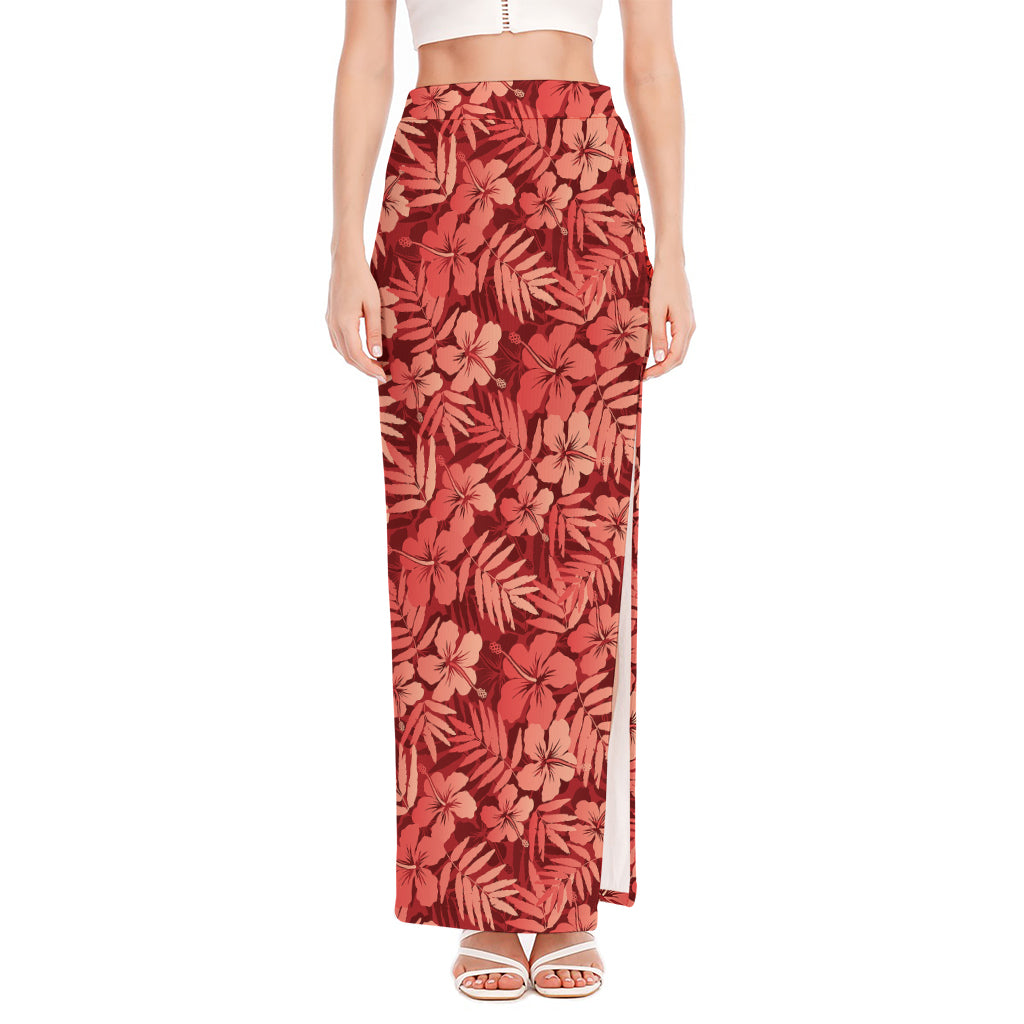 Red Hawaiian Tropical Pattern Print High Slit Maxi Skirt