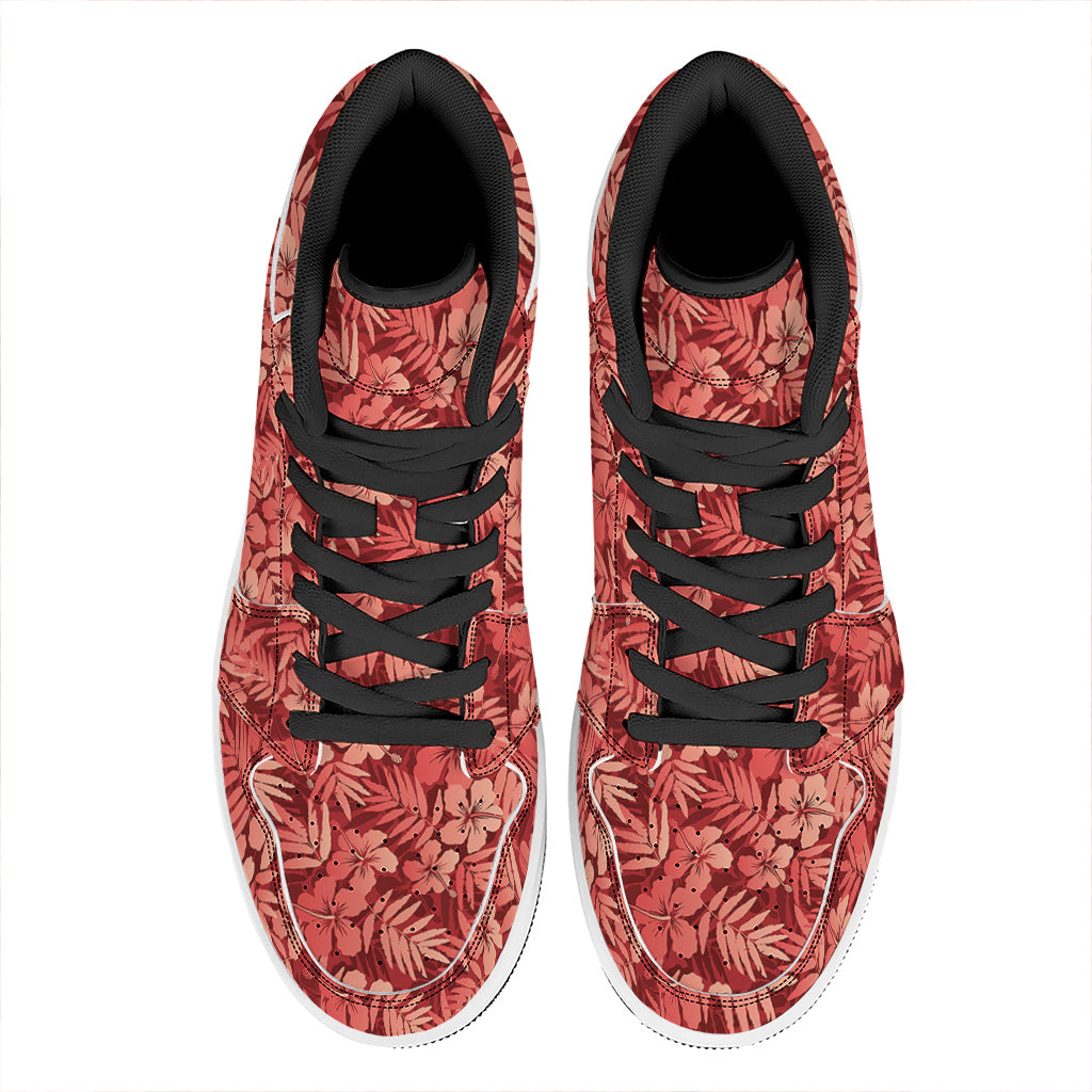 Red Hawaiian Tropical Pattern Print High Top Leather Sneakers