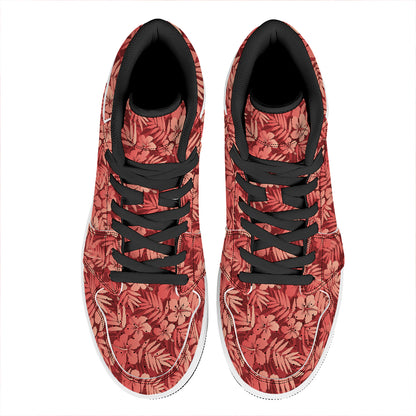 Red Hawaiian Tropical Pattern Print High Top Leather Sneakers