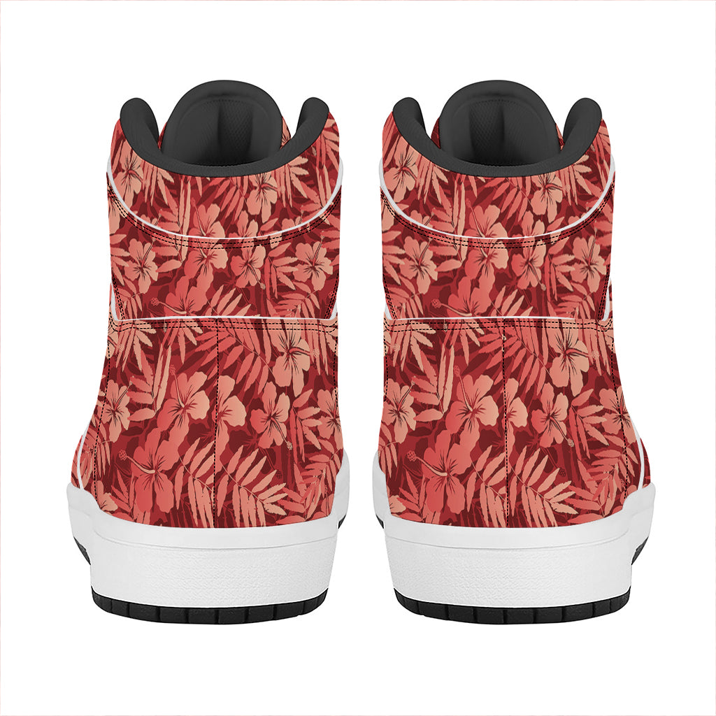 Red Hawaiian Tropical Pattern Print High Top Leather Sneakers
