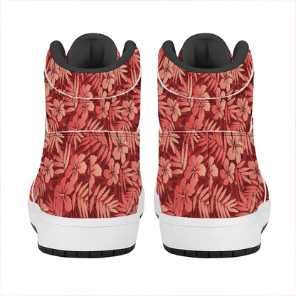 Red Hawaiian Tropical Pattern Print High Top Leather Sneakers
