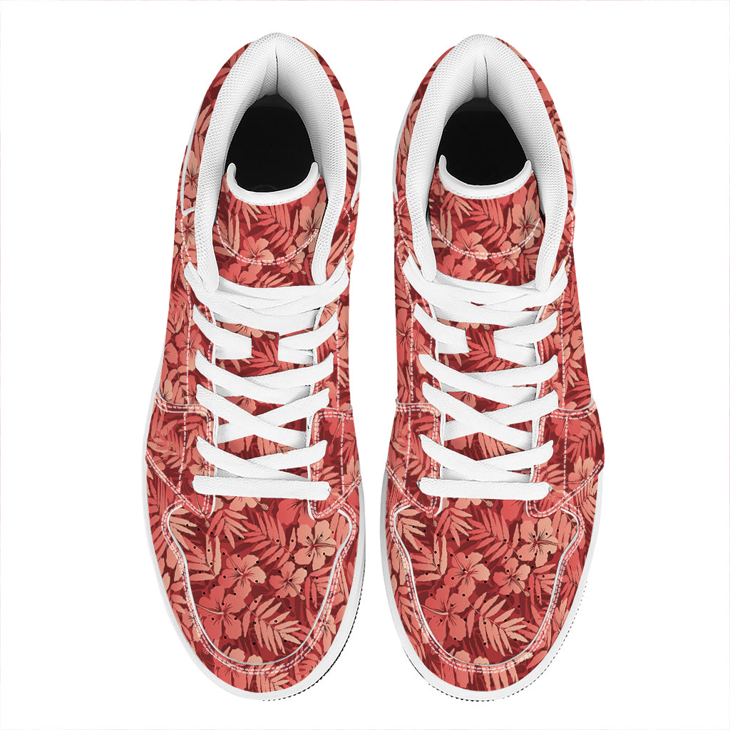 Red Hawaiian Tropical Pattern Print High Top Leather Sneakers
