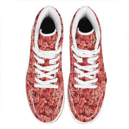Red Hawaiian Tropical Pattern Print High Top Leather Sneakers
