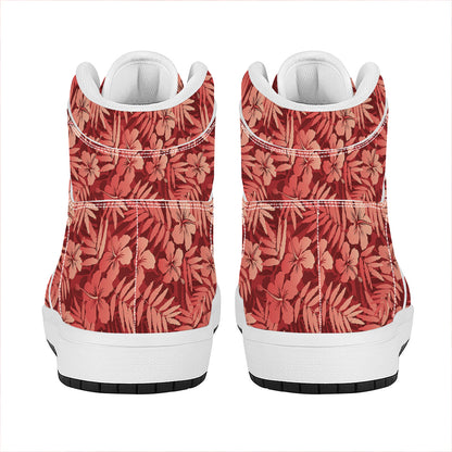 Red Hawaiian Tropical Pattern Print High Top Leather Sneakers