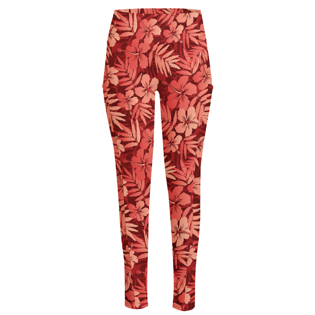 Red Hawaiian Tropical Pattern Print High-Waisted Pocket Leggings