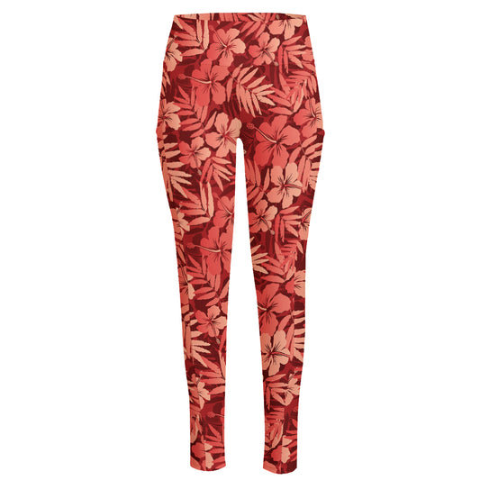Red Hawaiian Tropical Pattern Print High-Waisted Pocket Leggings
