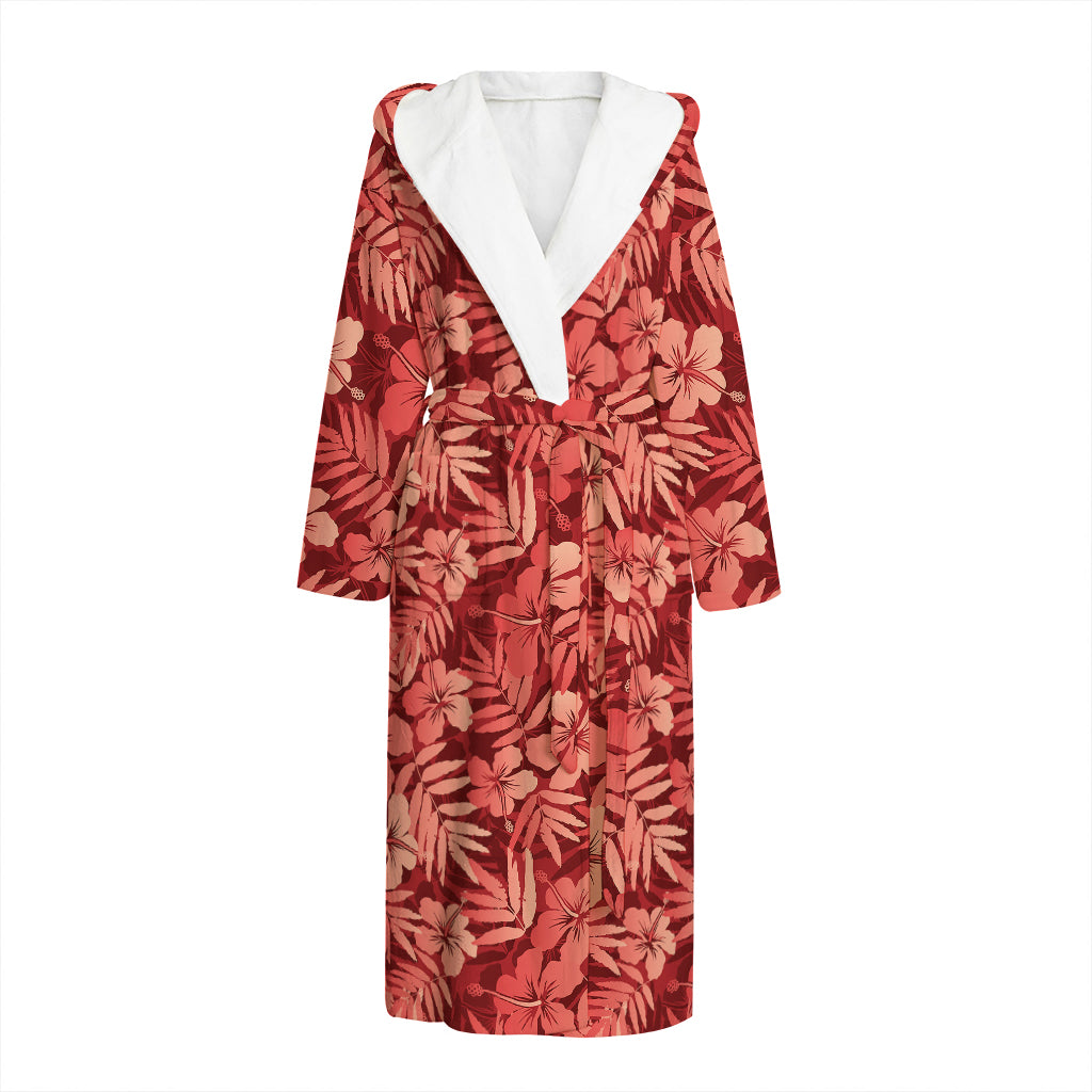 Red Hawaiian Tropical Pattern Print Hooded Bathrobe