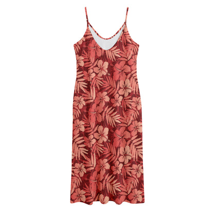 Red Hawaiian Tropical Pattern Print Jersey Midi Cami Dress