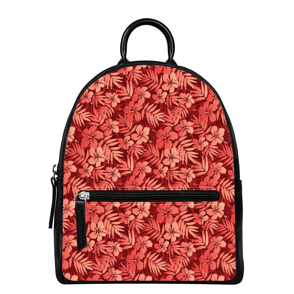 Red Hawaiian Tropical Pattern Print Leather Backpack