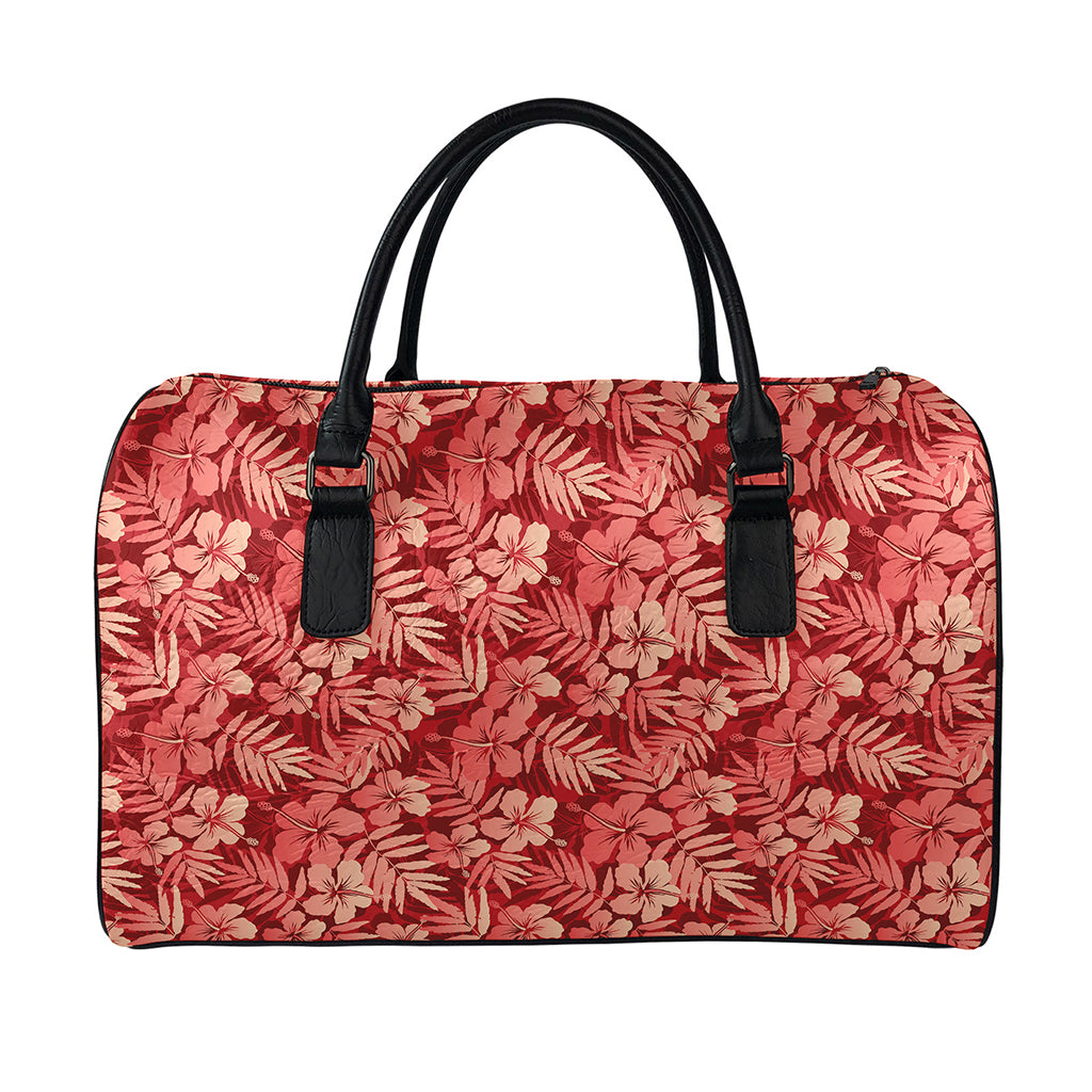 Red Hawaiian Tropical Pattern Print Leather Duffle Bag