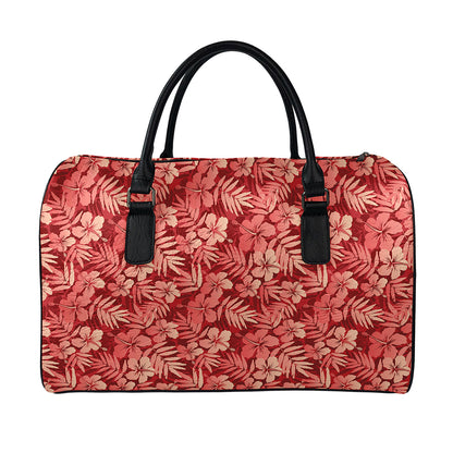 Red Hawaiian Tropical Pattern Print Leather Duffle Bag