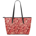 Red Hawaiian Tropical Pattern Print Leather Tote Bag With Zipper