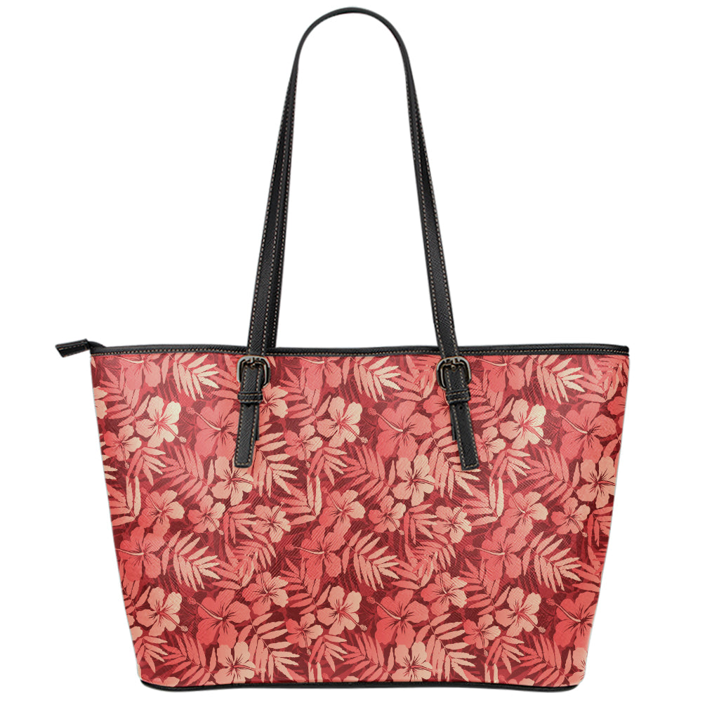 Red Hawaiian Tropical Pattern Print Leather Tote Bag