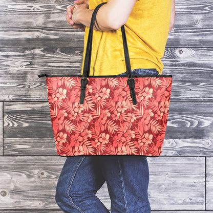Red Hawaiian Tropical Pattern Print Leather Tote Bag