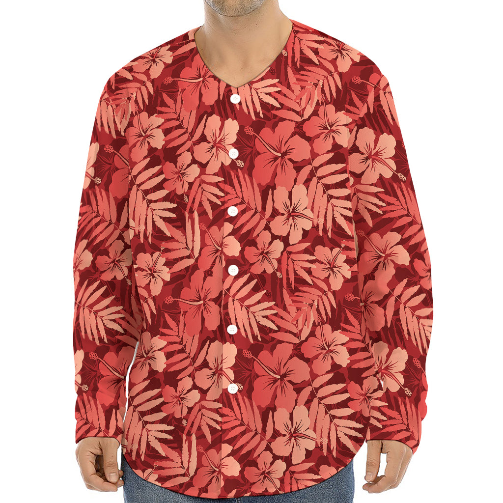 Red Hawaiian Tropical Pattern Print Long Sleeve Baseball Jersey