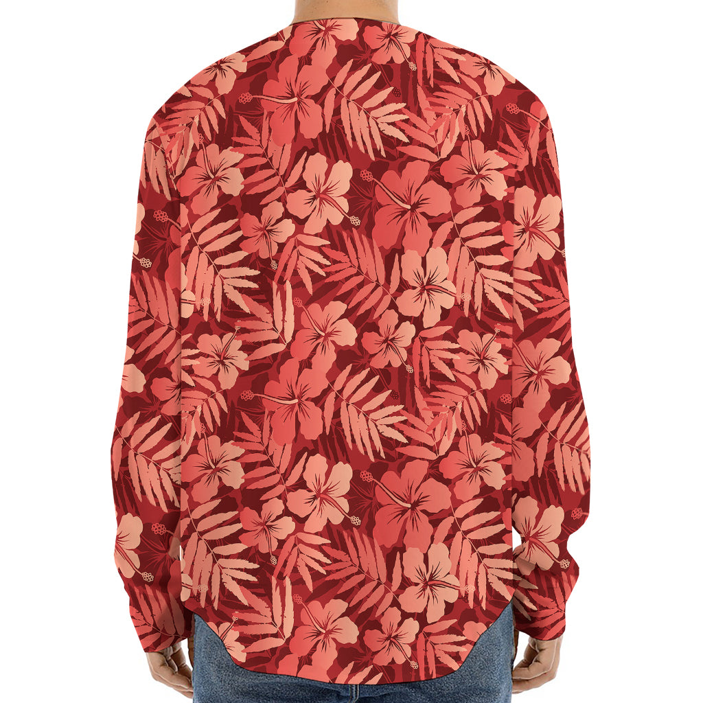 Red Hawaiian Tropical Pattern Print Long Sleeve Baseball Jersey