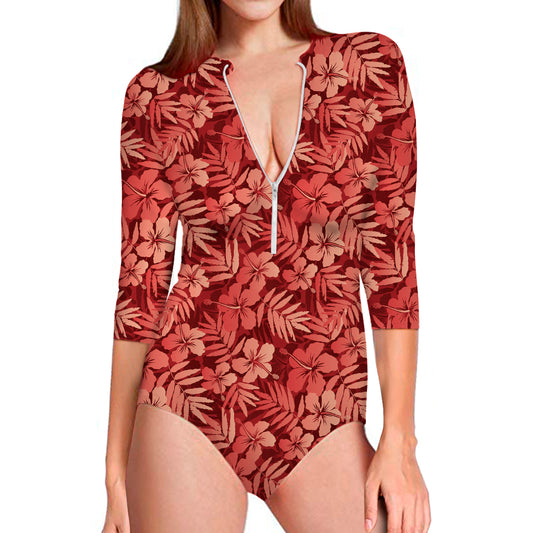Red Hawaiian Tropical Pattern Print Long Sleeve Swimsuit