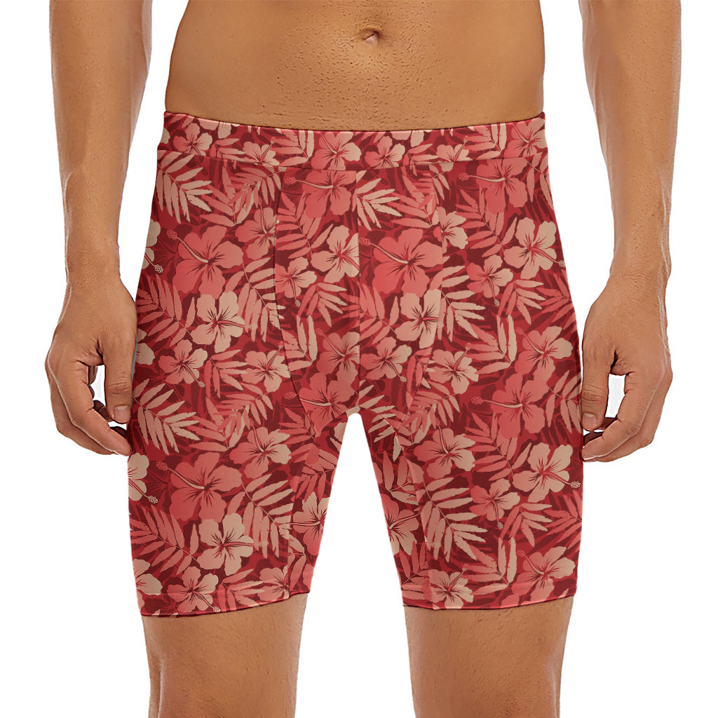 Red Hawaiian Tropical Pattern Print Men's Long Boxer Briefs